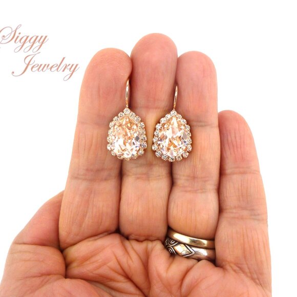 Swarovski Crystal Vintage Rose Bridal Drop Halo Earrings in a Pear Shape - Picture 6 of 14